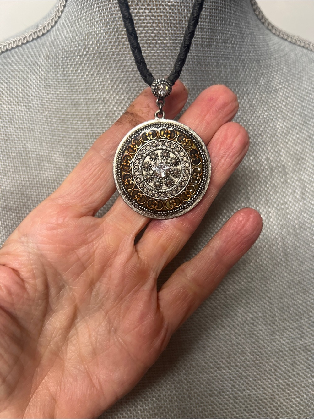 Lia Sophia Silver-Tone Pendant with Amber Accents on Black Cord